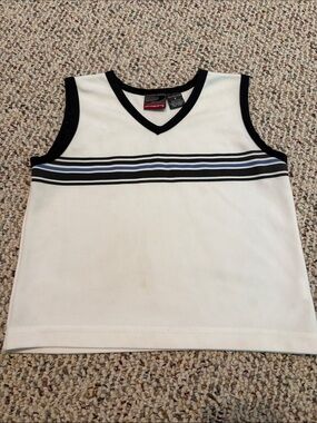 Pro Spirit White Tank Top with Black Trim and Blue Stripe Detail. Child’s Small